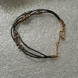 Fossil triple gray leather bracelet with gold and silver tone beads